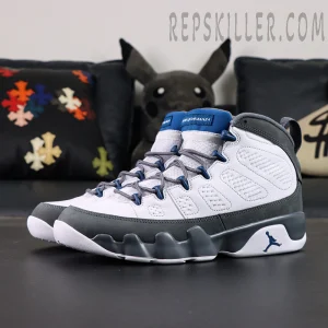 Jordan 9 Retro Flint Grey basketball shoes, front side angle view