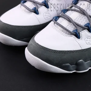 Jordan 9 Retro Flint Grey basketball shoes, toe box leather and mudguard detail
