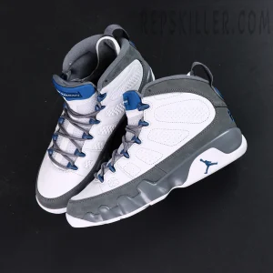 Jordan 9 Retro Flint Grey basketball shoes, top-down view of upper and lacing system