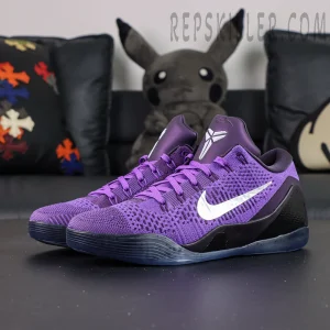Nike Kobe 9 Elite Low Protro “Moonwalker” basketball shoes, front-side view with purple Flyknit upper and silver Swoosh