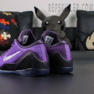 Nike Kobe 9 Elite Low Protro “Moonwalker” basketball shoes, rear view showing black heel support structure and purple knit details