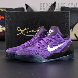 Nike Kobe 9 Elite Low Protro “Moonwalker” basketball shoes displayed with original box, angled side view