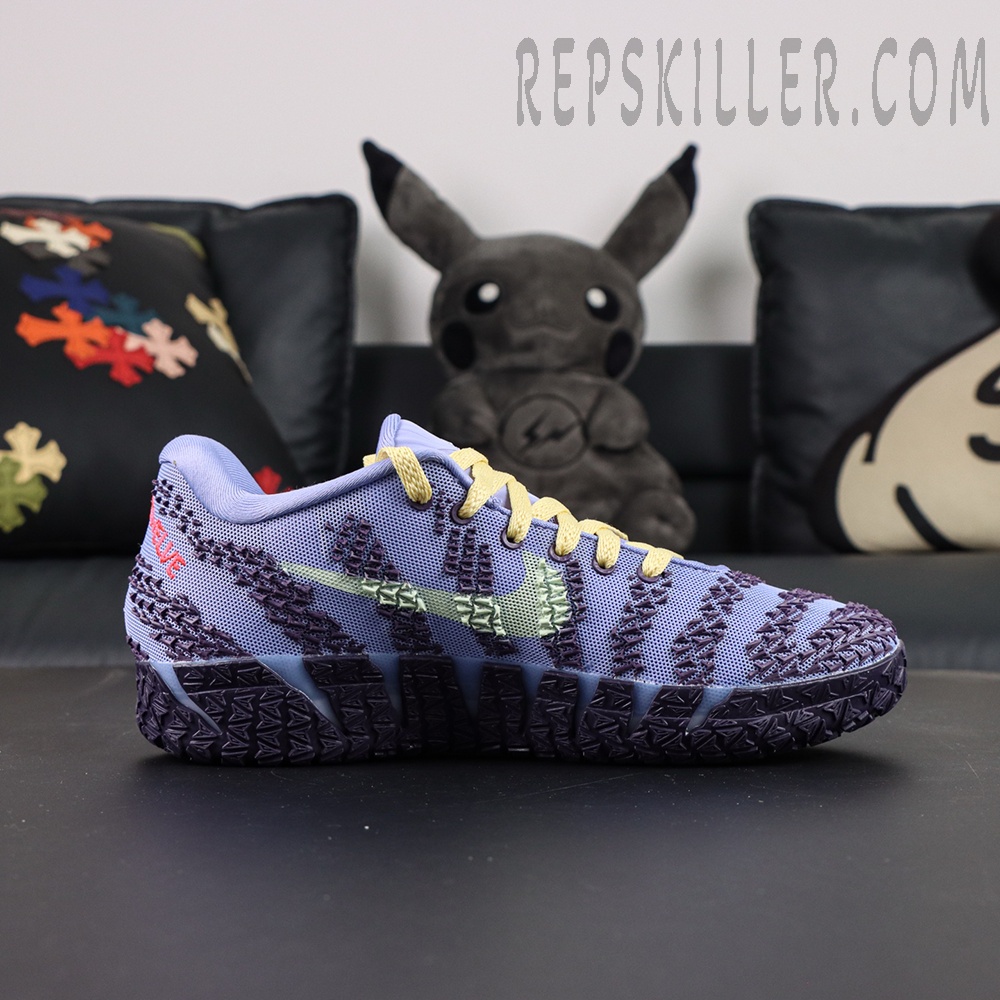 Nike Ja 3 EP Channel 12 basketball shoes, side profile with red Swoosh and purple-blue upper