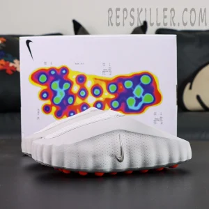 Nike Mind 001 Mule “Light Smoke Grey” mule shoes, floating angle showcasing overall silhouette and light grey colorway