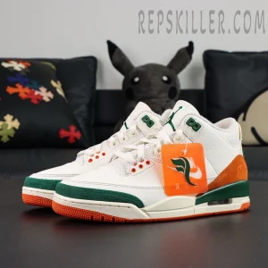 SoleFly x Air Jordan 3 “Miami” collaboration sneakers, front-side angle highlighting toe box and visible Air cushioning