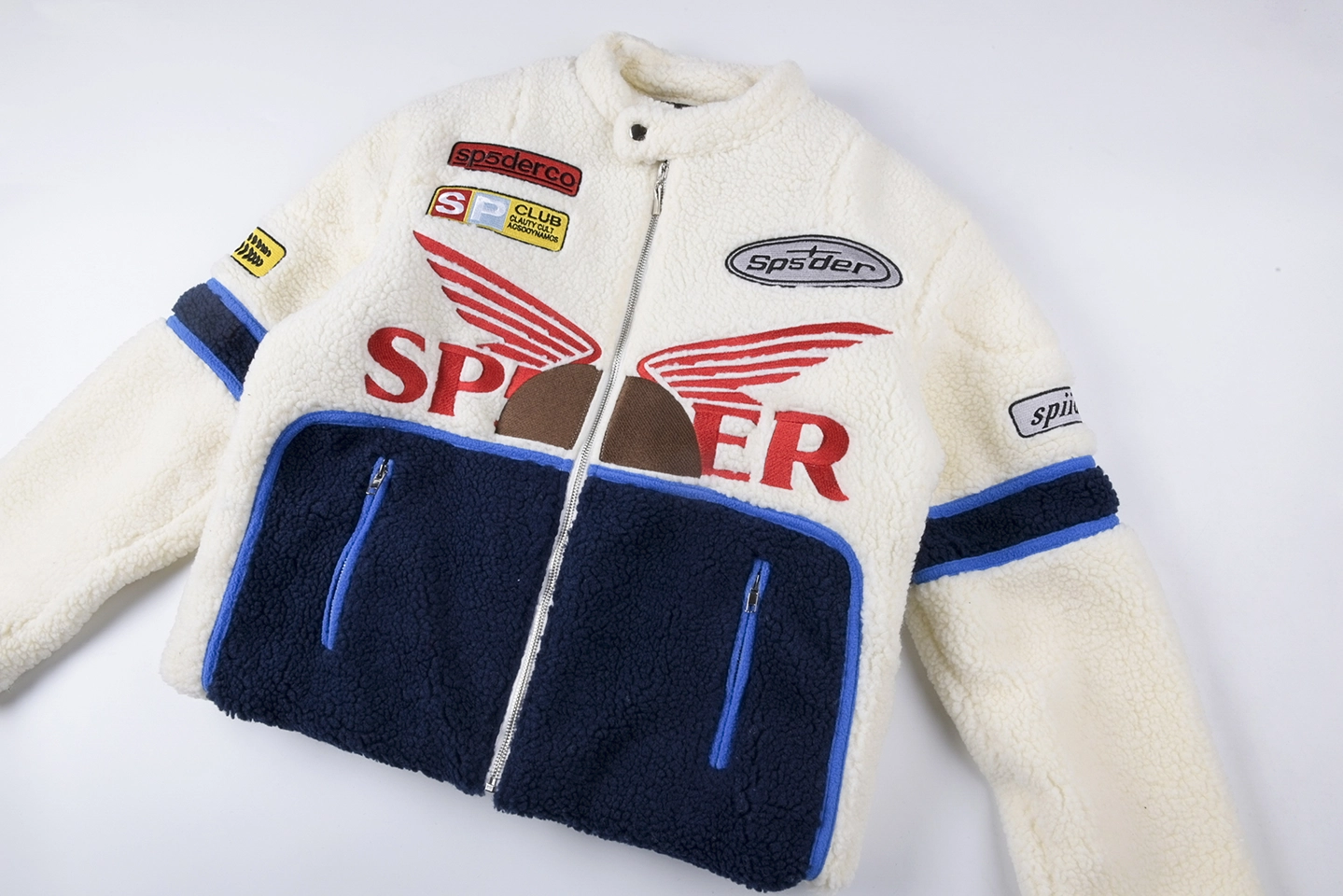 Sp5der Cream Navy Wing Racing Sherpa Jacket11