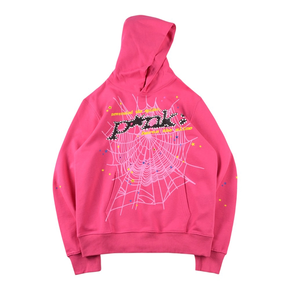 Sp5der Pink Web Star Graphic Hoodie Front view