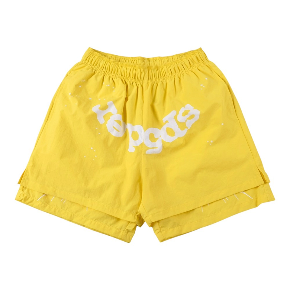 Sp5der Sunburst Yellow Logo Graphic Shorts Front view