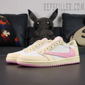 Travis Scott x Air Jordan 1 Low Muslin Pink collaboration sneakers, front side angle view