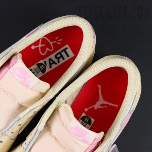 Travis Scott x Air Jordan 1 Low Muslin Pink sneakers, tongue and inner lining detail with red insole logo