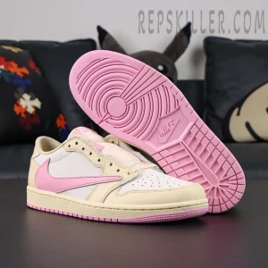 Travis Scott x Air Jordan 1 Low Muslin Pink sneakers, outsole and upper view with pink traction pattern