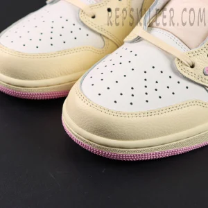 Travis Scott x Air Jordan 1 Low Muslin Pink sneakers, perforated leather toe box and stitching close-up
