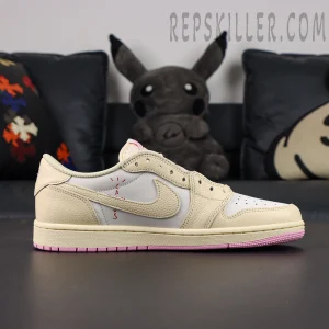 Travis Scott x Air Jordan 1 Low Muslin Pink sneakers, full side profile with muslin upper and pink reverse Swoosh