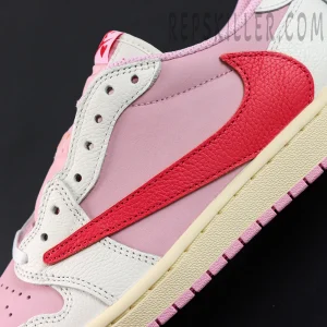 Travis Scott x Jordan 1 Low OG “Tropical Pink”, side detail with red reverse Swoosh and midsole structure