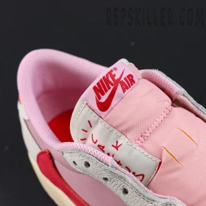 Travis Scott x Jordan 1 Low OG “Tropical Pink”, tongue and inner lining detail with pink padding and hand-drawn graphics