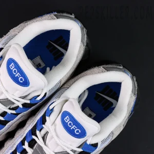 Undefeated x Nike Air Max 95 “Concord” sneakers, tongue and inner lining close-up with BCFC logo and blue lining