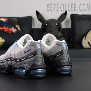 Undefeated x Nike Air Max 95 “Concord” sneakers, angled rear view with blue Air unit and layered construction