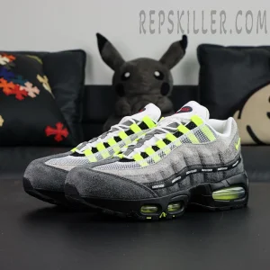 Undefeated x Nike Air Max 95 “NYC Neon” sneakers, pair displayed at front side angle