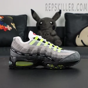 Undefeated x Nike Air Max 95 “NYC Neon” sneakers, medial side view showing layered upper and midsole detail