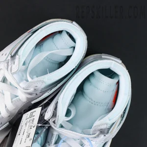 Virgil Abloh Archive x Jordan 1 High OG “Alaska” sneakers, top-down view showing padded tongue and Nike Air label