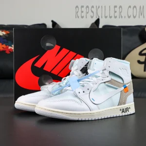 Virgil Abloh Archive x Jordan 1 High OG “Alaska” sneakers, midsole side detail featuring industrial-style printed text