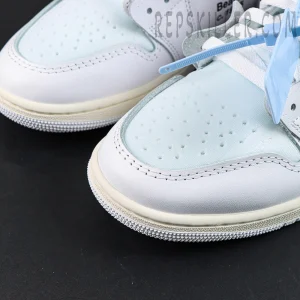 Virgil Abloh Archive x Jordan 1 High OG “Alaska” sneakers, toe box close-up with light blue perforated upper and white leather overlays