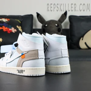 Virgil Abloh Archive x Jordan 1 High OG “Alaska” sneakers, heel close-up featuring lightning logo and printed midsole code