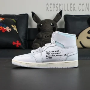 Virgil Abloh Archive x Jordan 1 High OG “Alaska” sneakers, inner label close-up with black woven tag and manufacturing details