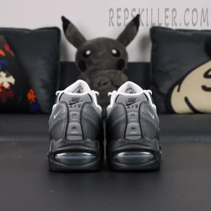 Yu-Gi-Oh! x Nike Air Max Muscle 95 Jonouchi collaboration, rear view with grey-black colorway and Nike Air heel support