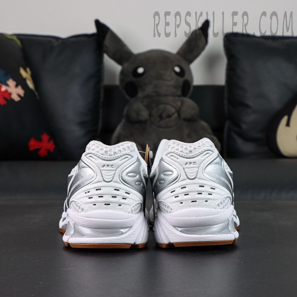 A.P.C. x ASICS Gel Kayano 14 “White Pure Silver” rear view with structured heel and metallic accents
