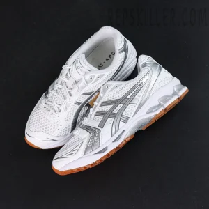 A.P.C. x ASICS Gel Kayano 14 “White Pure Silver” top view with mesh upper and silver overlays