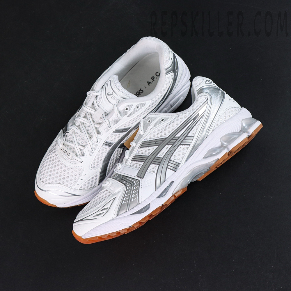 A.P.C. x ASICS Gel Kayano 14 “White Pure Silver” top view with mesh upper and silver overlays