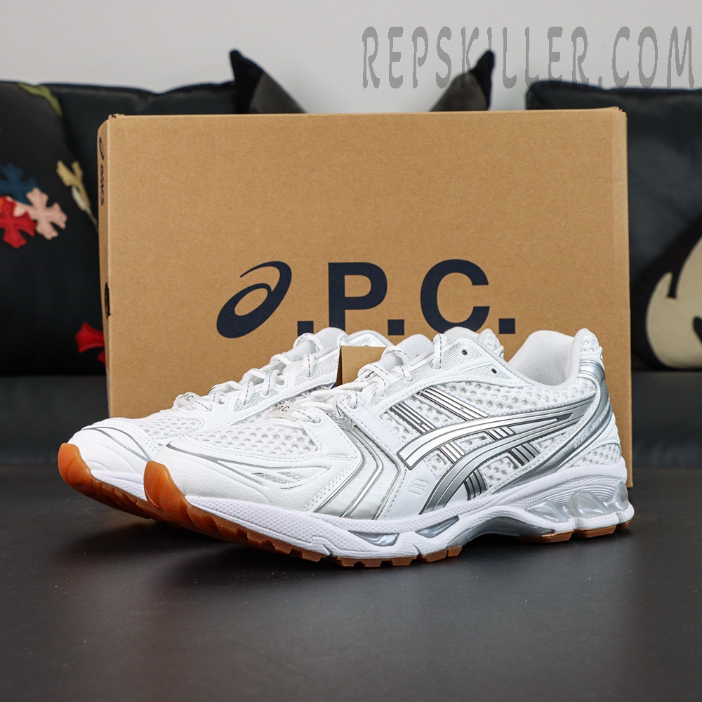 A.P.C. x ASICS Gel Kayano 14 “White Pure Silver” with box showcasing collaboration branding