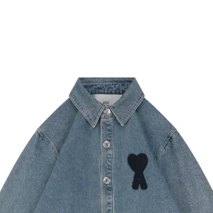 AMI Paris Heart Logo Embroidered Denim Shirt