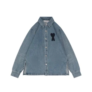 AMI Paris Heart Logo Embroidered Denim Shirt Front view
