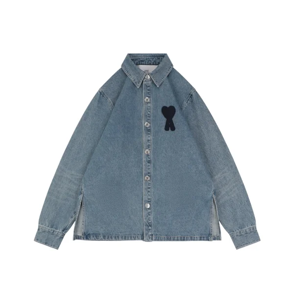 AMI Paris Heart Logo Embroidered Denim Shirt Front view