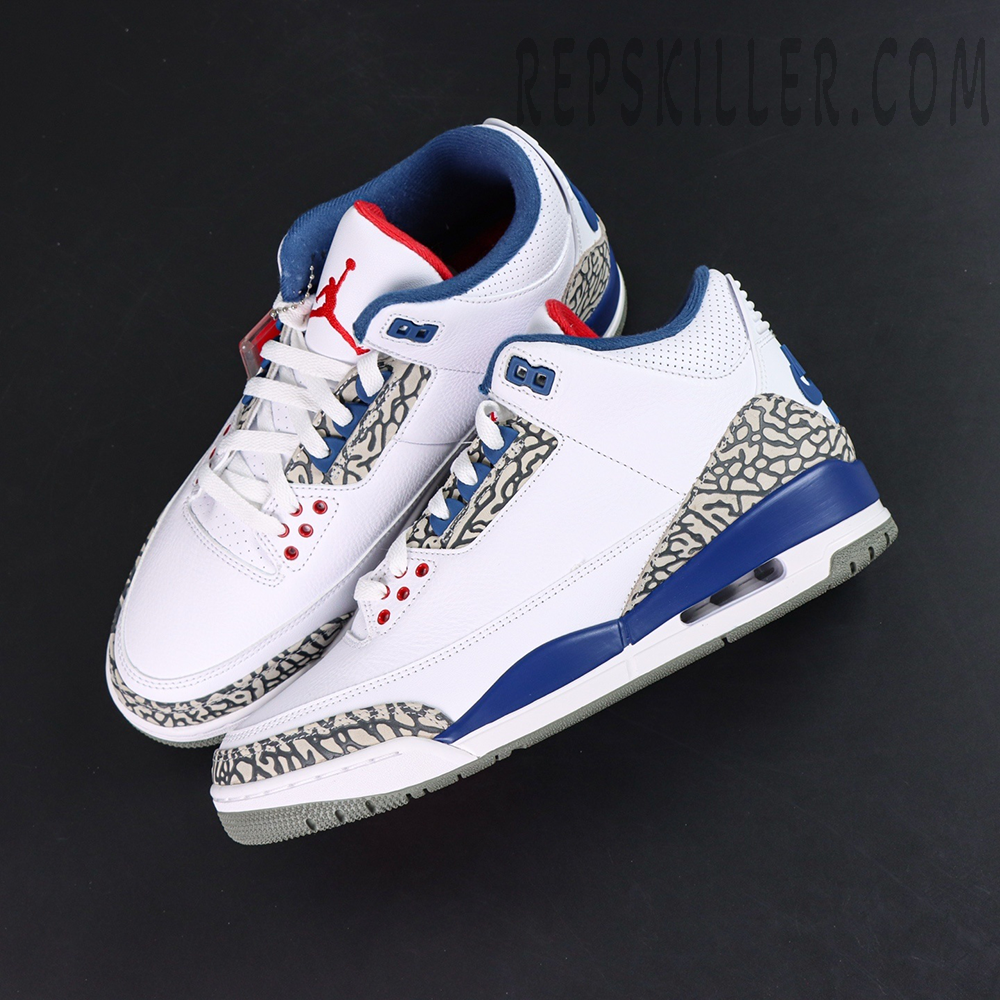 Air Jordan 3 “True Blue” top view with white leather and blue-red detailing