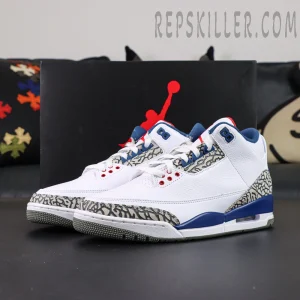 Air Jordan 3 “True Blue” full view with classic elephant print and red-blue accents