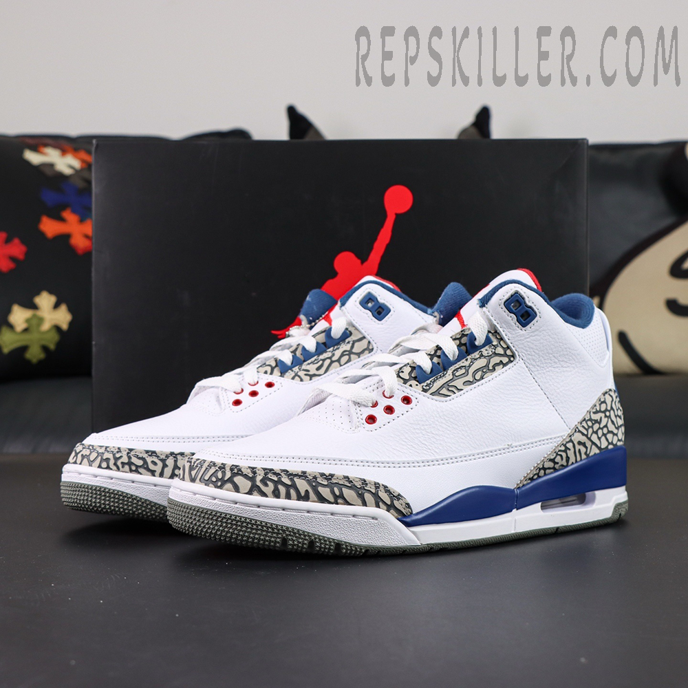 Air Jordan 3 “True Blue” full view with classic elephant print and red-blue accents