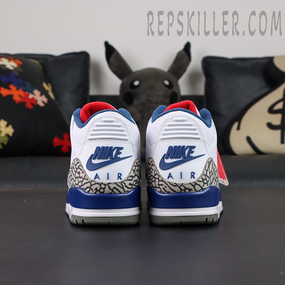 Air Jordan 3 “True Blue” rear view showing symmetrical heel design