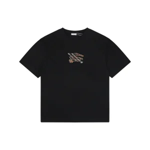 Burberry Check Equestrian Knight Embroidered Washed Cotton T-Shirt Black Front view