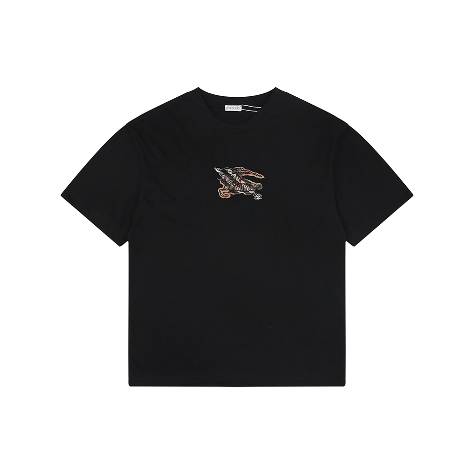 Burberry Check Equestrian Knight Embroidered Washed Cotton T-Shirt Black Front view