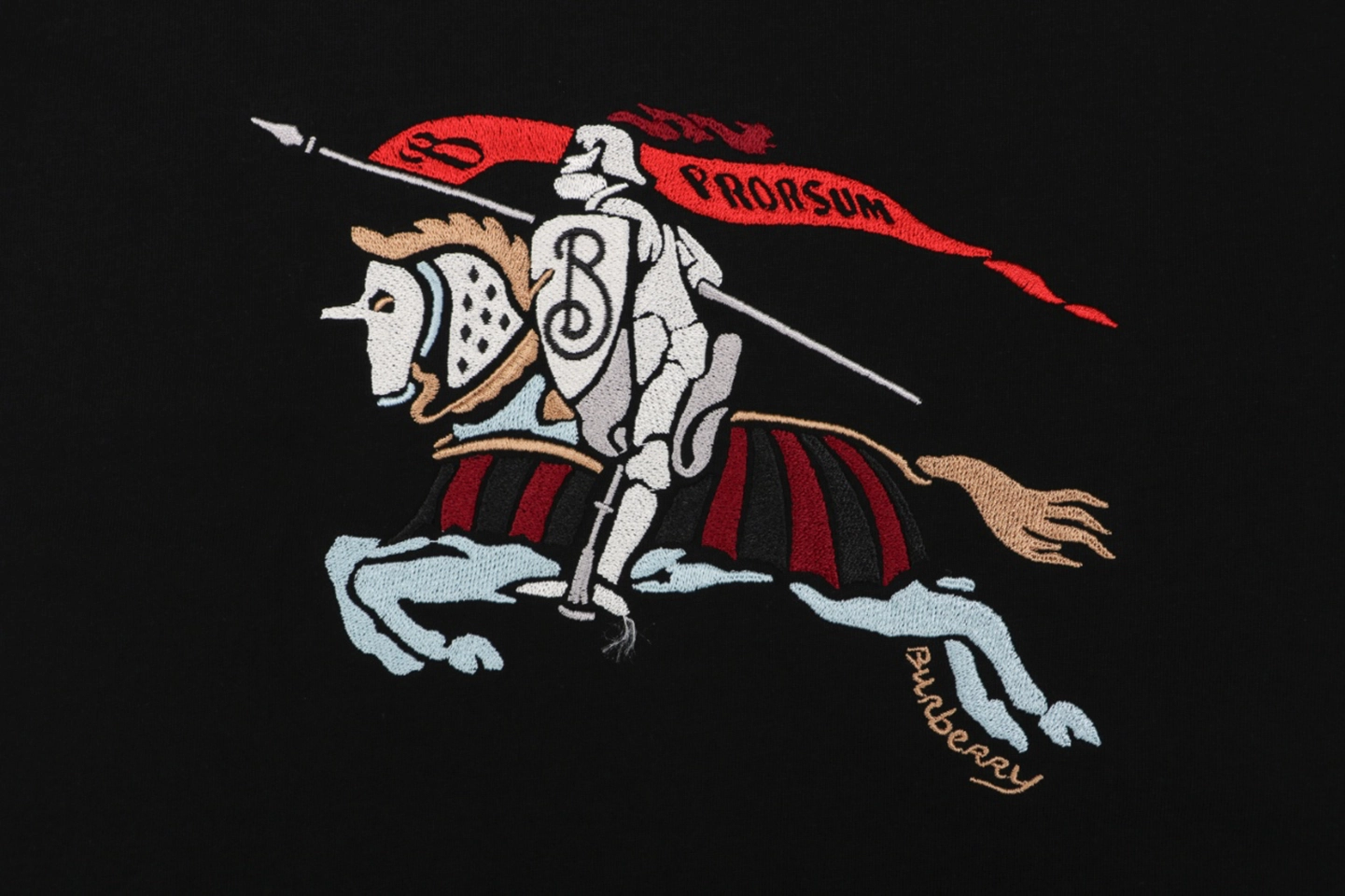 Burberry Color Equestrian Knight Embroidered Washed Cotton T-Shirt Black Front Print