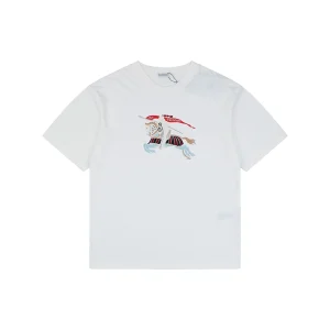 Burberry Color Equestrian Knight Embroidered Washed Cotton T-Shirt White Front view