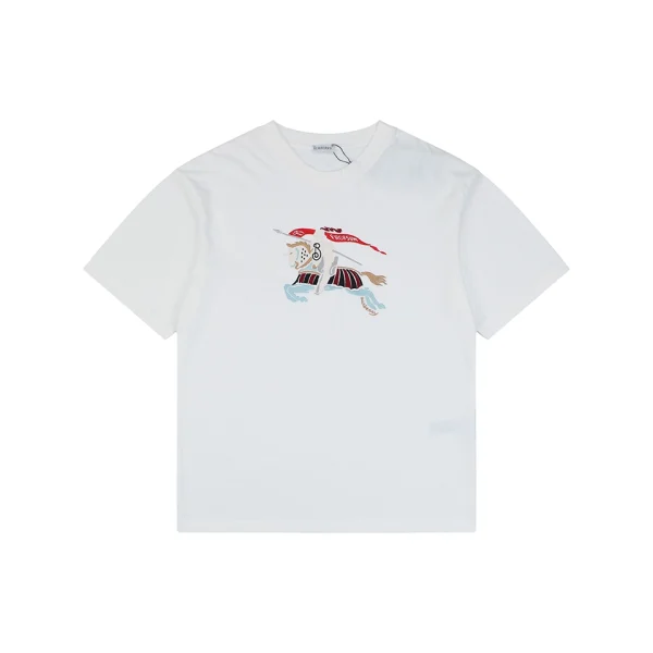 Burberry Color Equestrian Knight Embroidered Washed Cotton T-Shirt White Front view