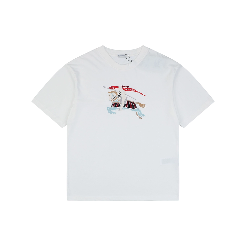 Burberry Color Equestrian Knight Embroidered Washed Cotton T-Shirt White Front view