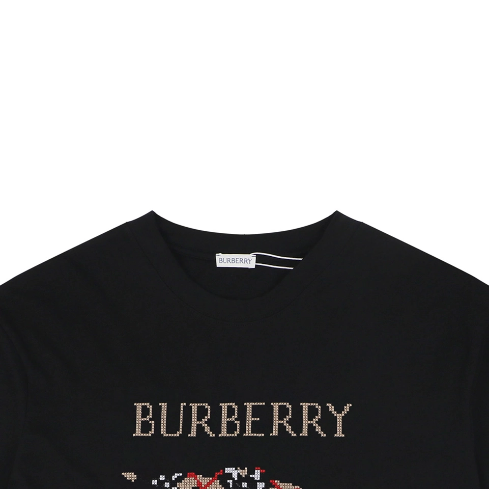 Burberry Cross Stitch Check Equestrian Knight Logo Embroidered Washed Cotton T-Shirt Black