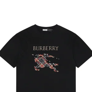 Burberry Cross Stitch Check Equestrian Knight Logo Embroidered Washed Cotton T-Shirt Black