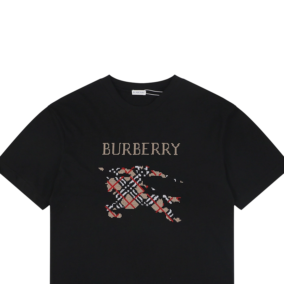 Burberry Cross Stitch Check Equestrian Knight Logo Embroidered Washed Cotton T-Shirt Black