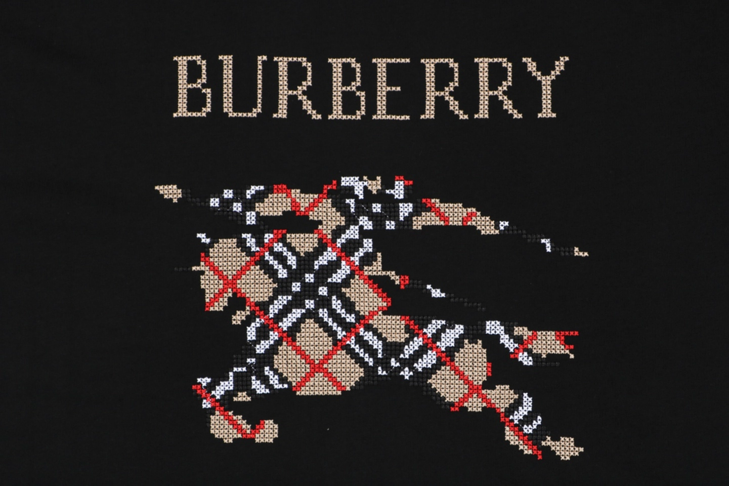Burberry Cross Stitch Check Equestrian Knight Logo Embroidered Washed Cotton T-Shirt Black Front Print